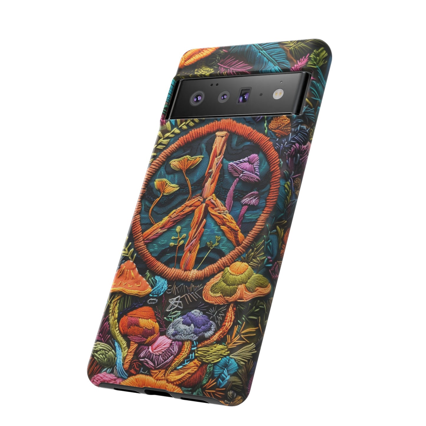 Embroidery Style Magic Mushrooms and Peace Sign Phone Case