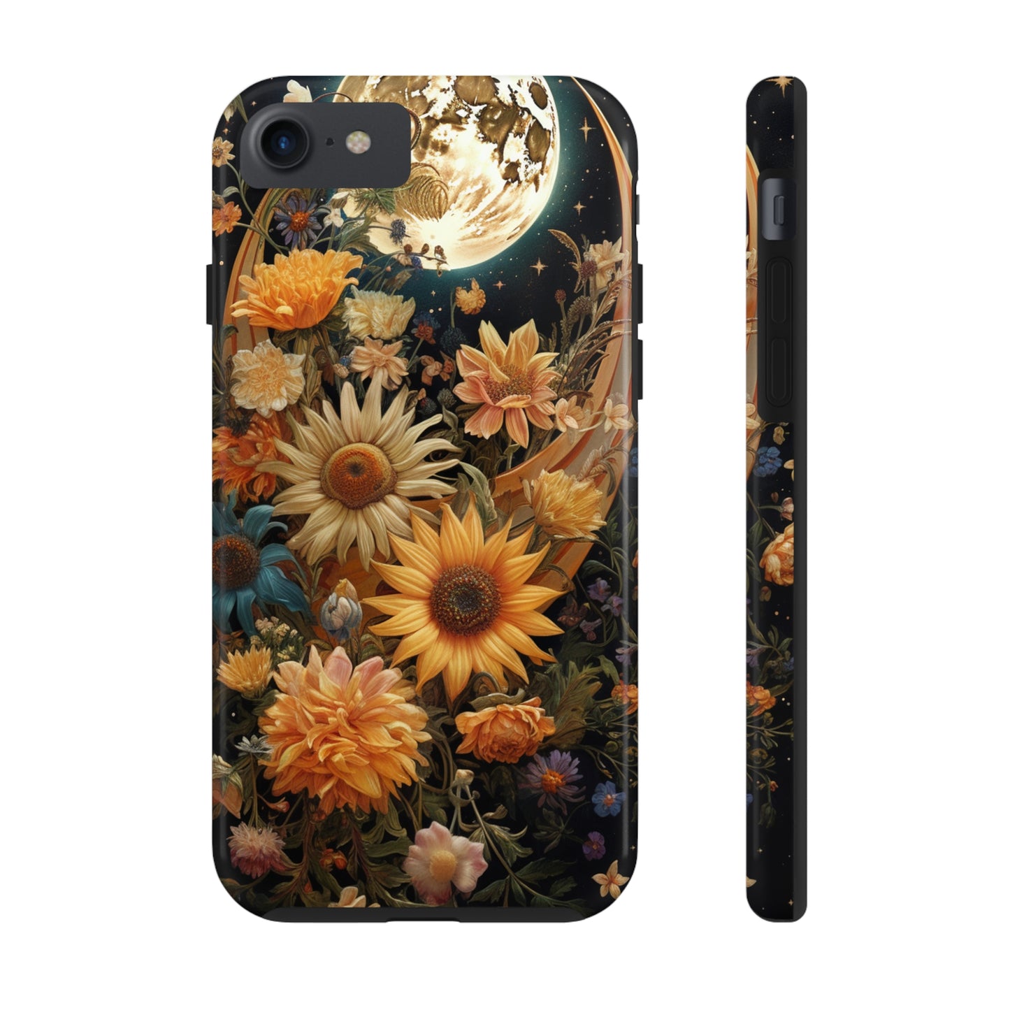 Celestial Charm: iPhone Case with Boho Cottagecore Fusion of Floral, Sun, Moon & Stars