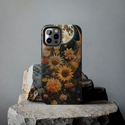 Celestial Charm: iPhone Case with Boho Cottagecore Fusion of Floral, Sun, Moon & Stars