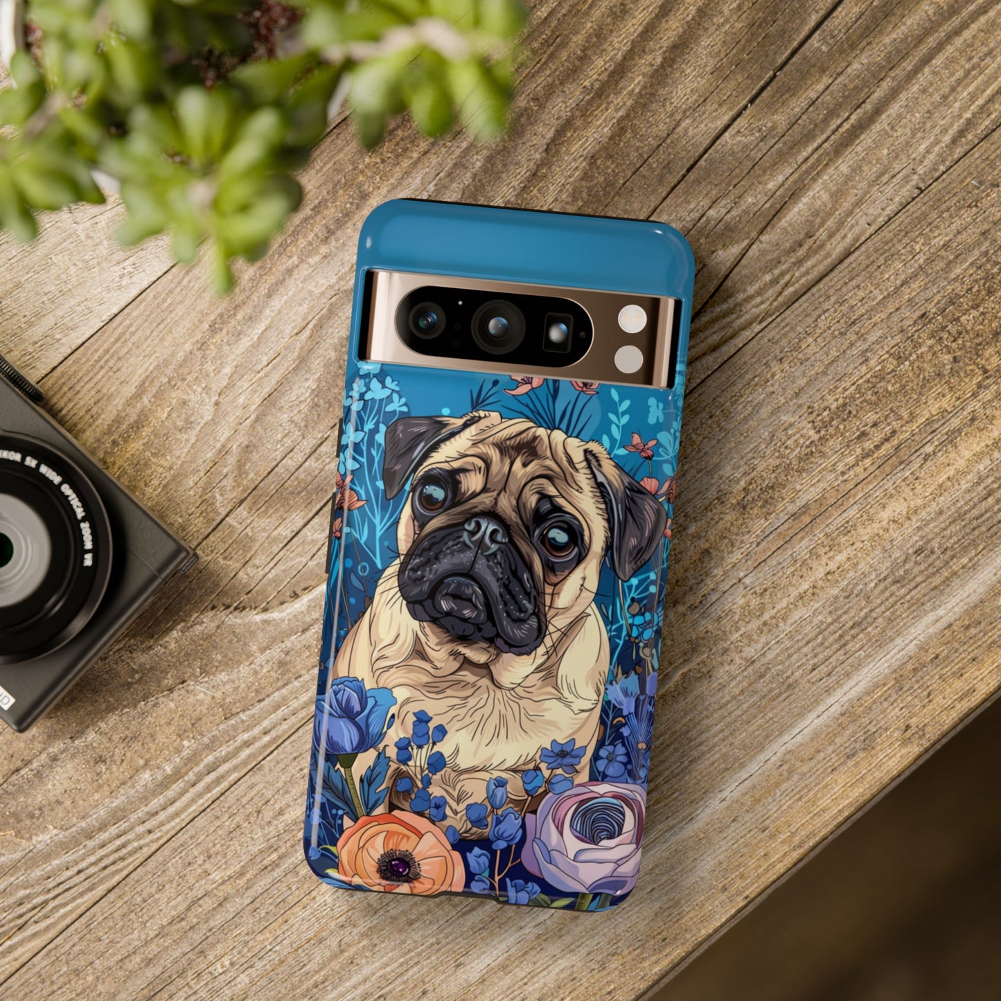 Cute Pug Dog Blue Floral Design Phone Case