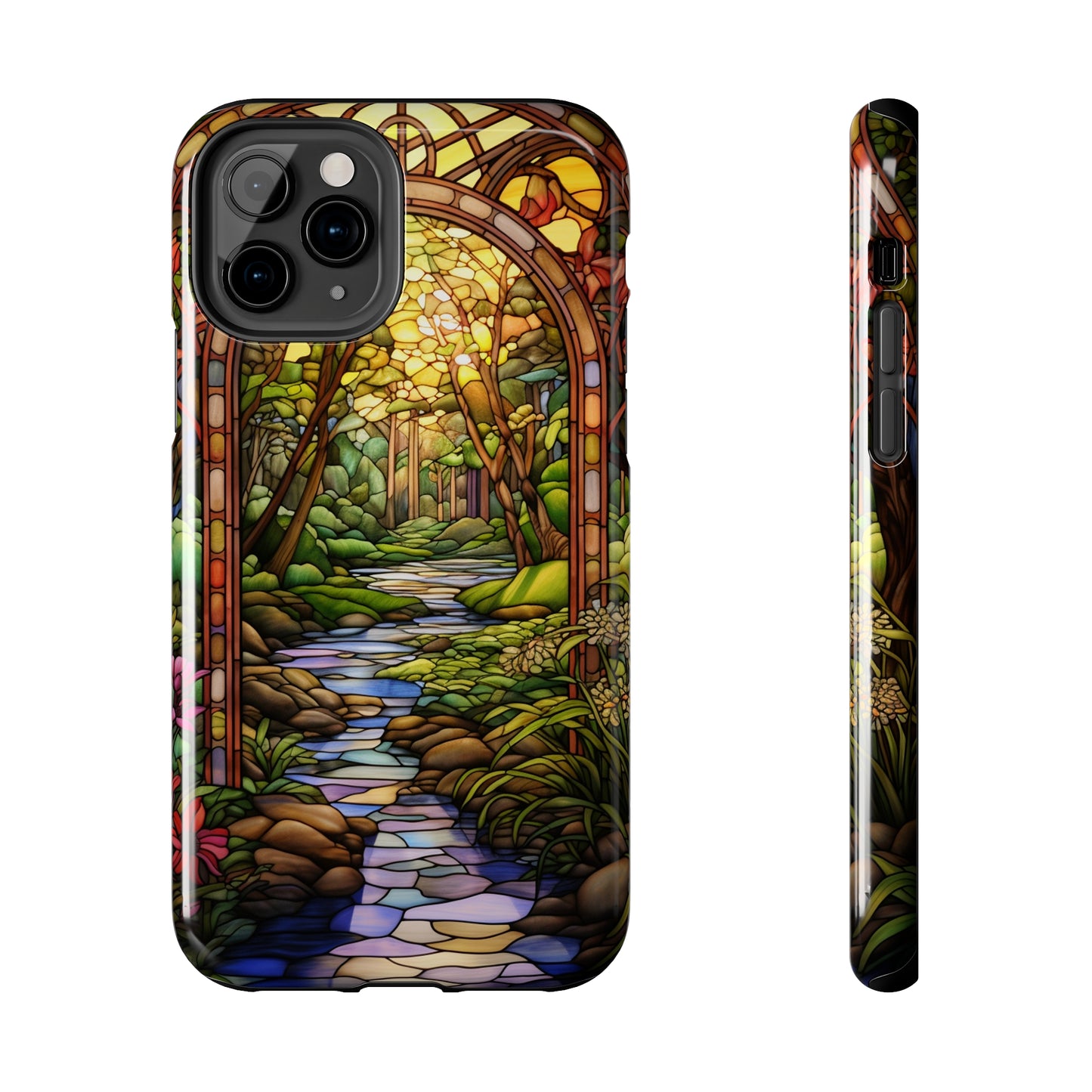 Stained Glass Stone Bridge and River Phone Case: Floral Art Nouveau Design | Bohemian Elegance for iPhone 14 Pro Max, iPhone 14 Plus