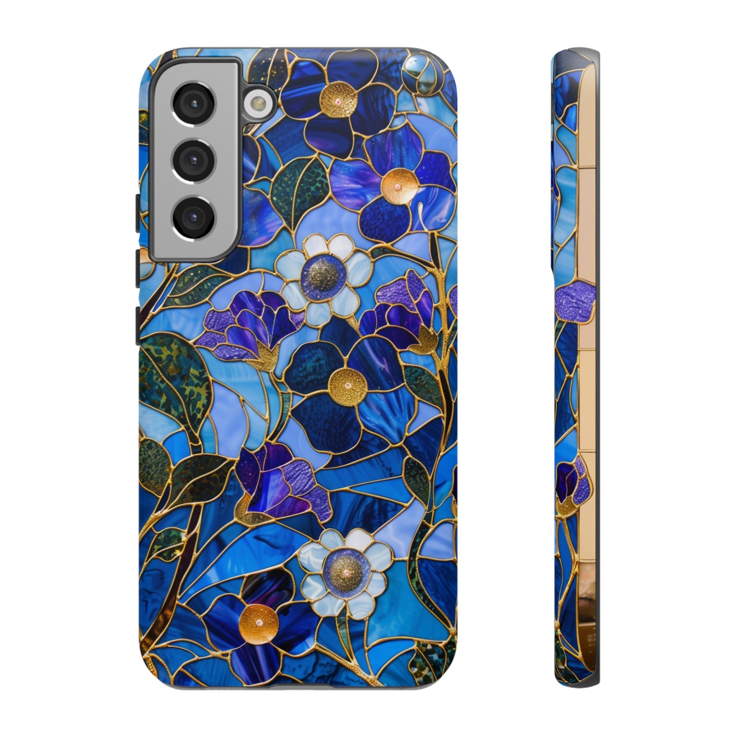 Blue Floral Stained Glass Gold Inlay Wild Flowers Phone Case