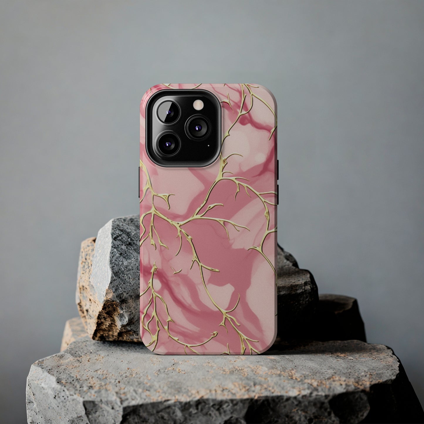 iPhone Elegance Unveiled: Pink & Gold Leaf Marble | Premium Tough iPhone Case