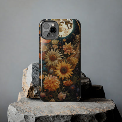 Celestial Charm: iPhone Case with Boho Cottagecore Fusion of Floral, Sun, Moon & Stars