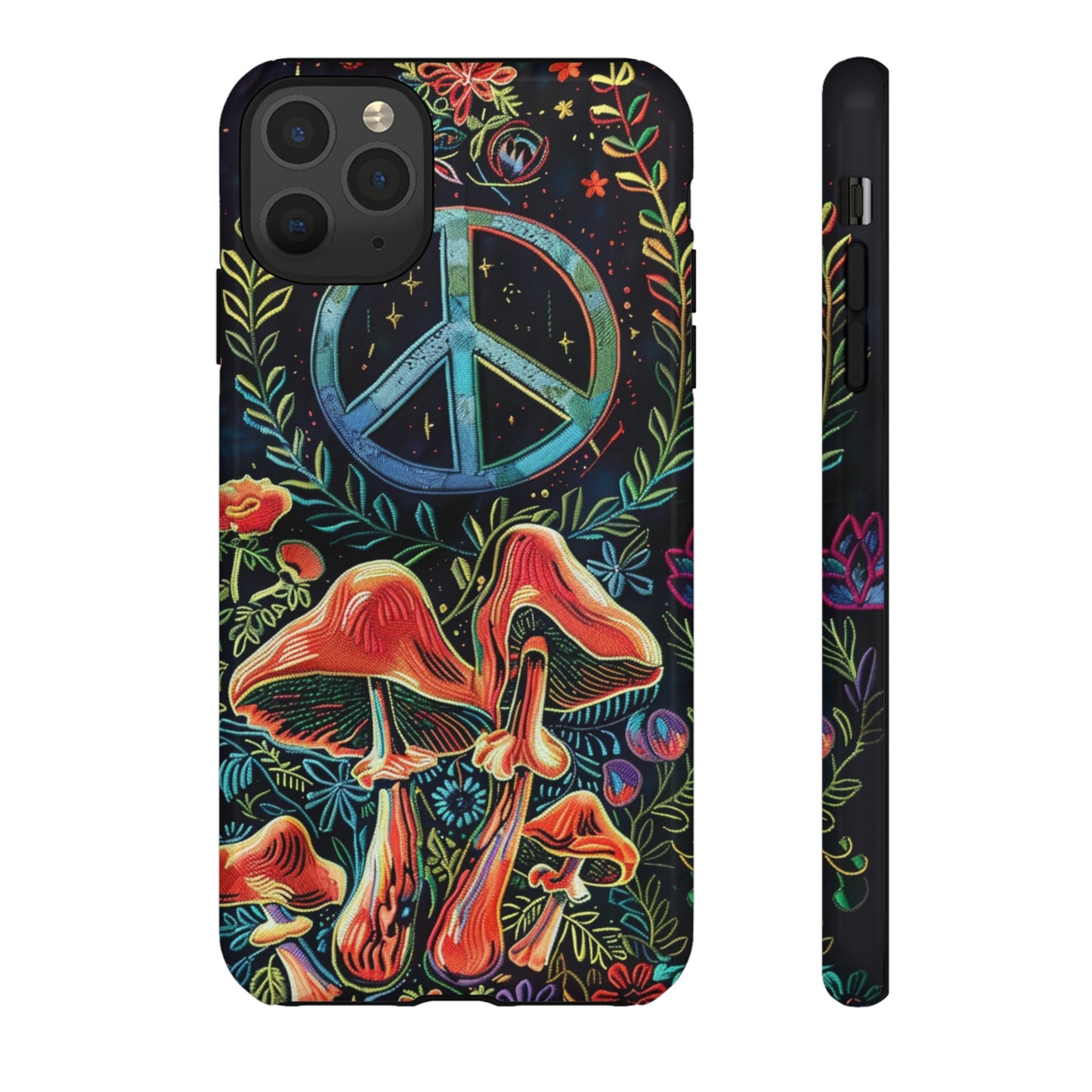 Embroidery Style Magic Mushrooms and Peace Sign Phone Case