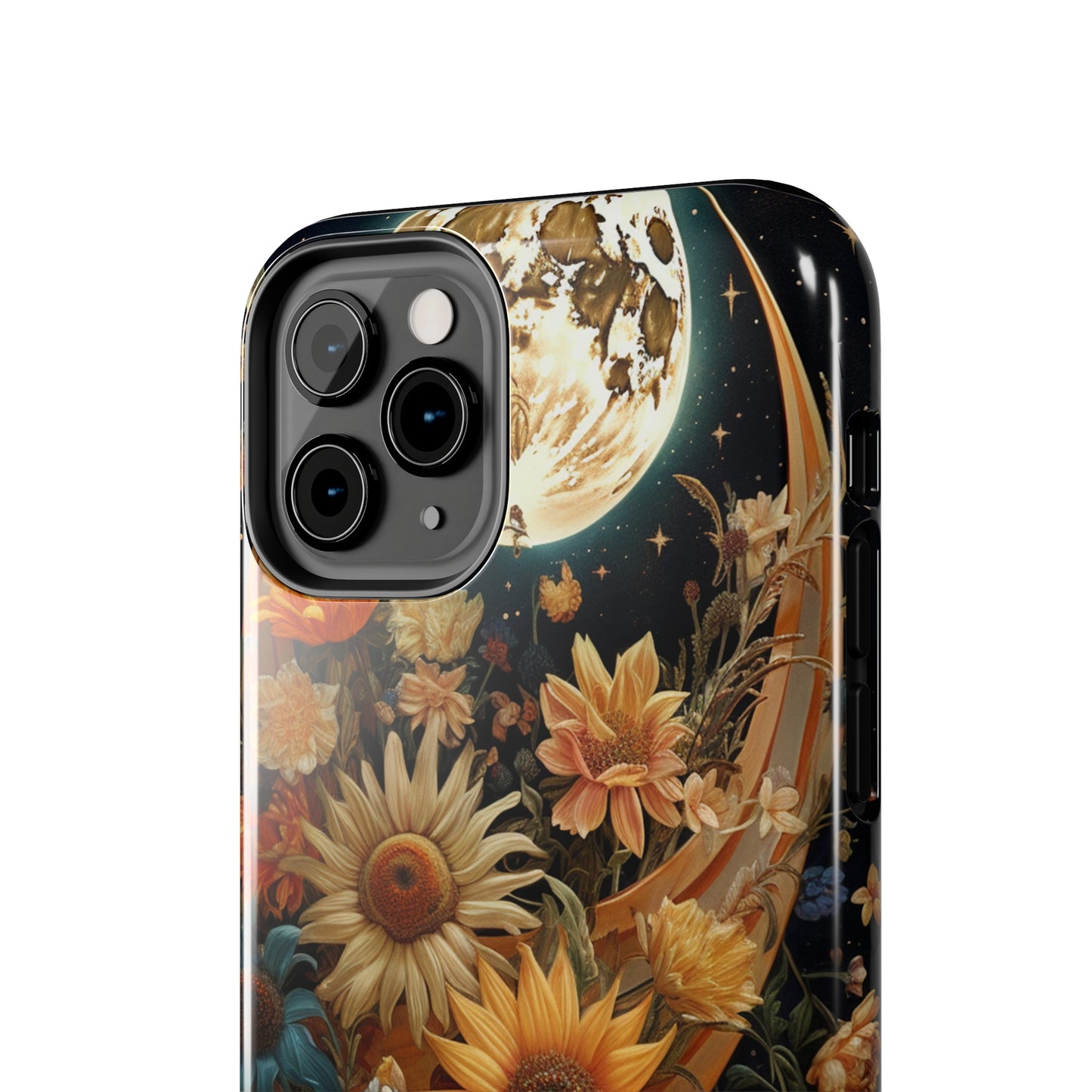 Celestial Charm: iPhone Case with Boho Cottagecore Fusion of Floral, Sun, Moon & Stars