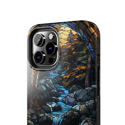 Stained Glass Stone Bridge and River Phone Case: Art Nouveau Floral Design | Bohemian Elegance Compatible with iPhone 14 Pro Max