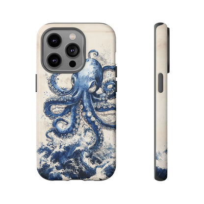 Vintage Japanese Art Style Blue Octopus and Waves Phone Cover