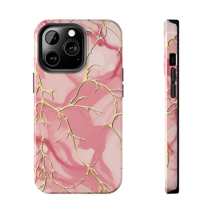 iPhone Elegance Unveiled: Pink & Gold Leaf Marble | Premium Tough iPhone Case