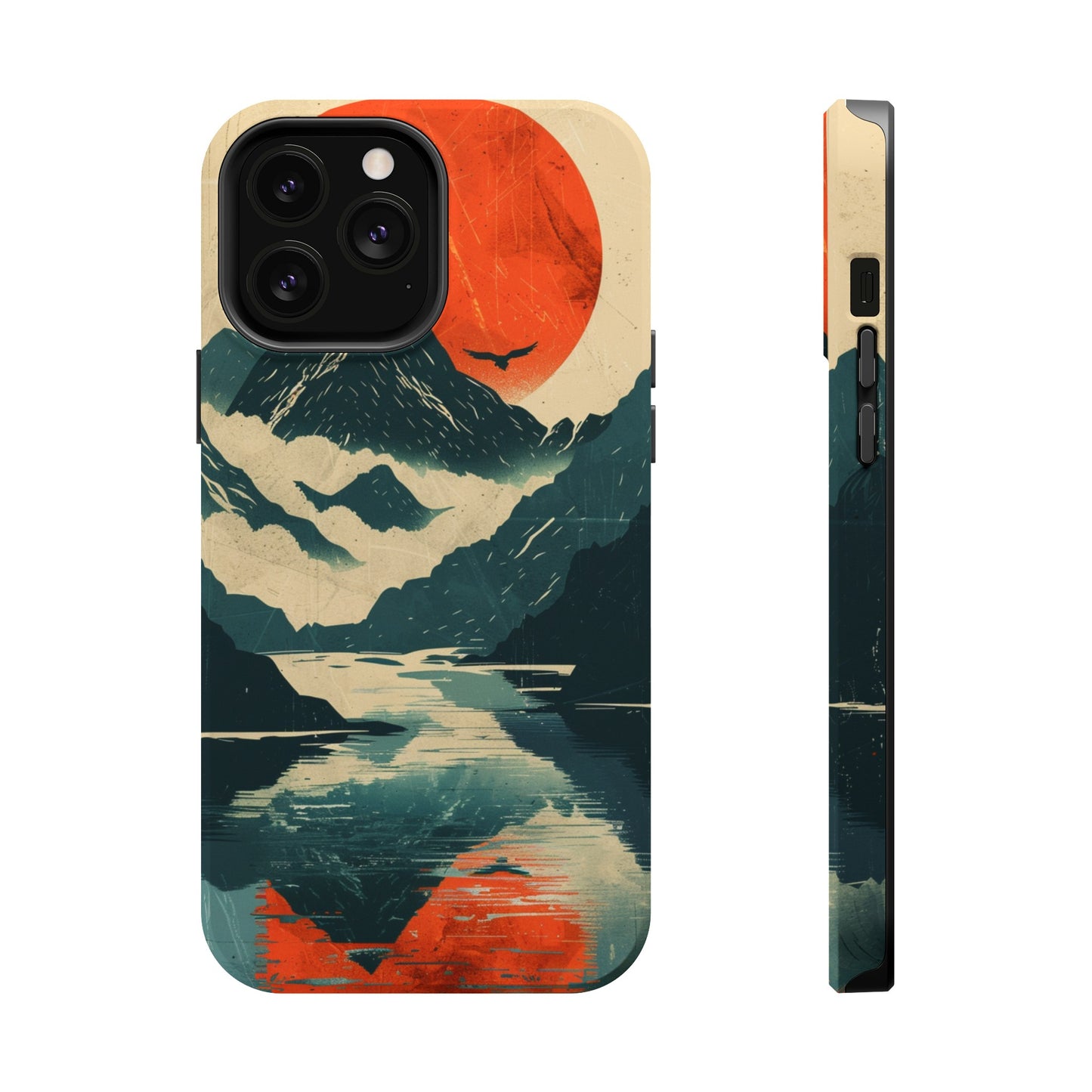 Retro iPhone Case Mountain Sunset Lake Reflection MagSafe Phone Case