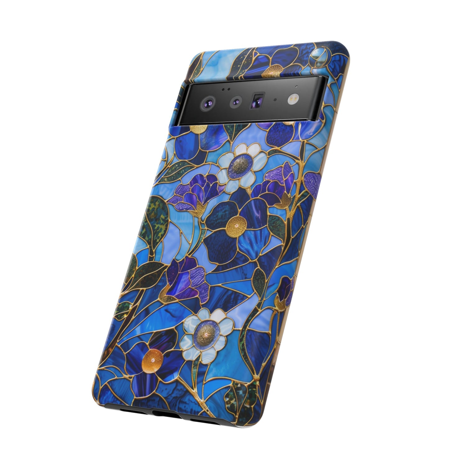 Blue Floral Stained Glass Gold Inlay Wild Flowers Phone Case