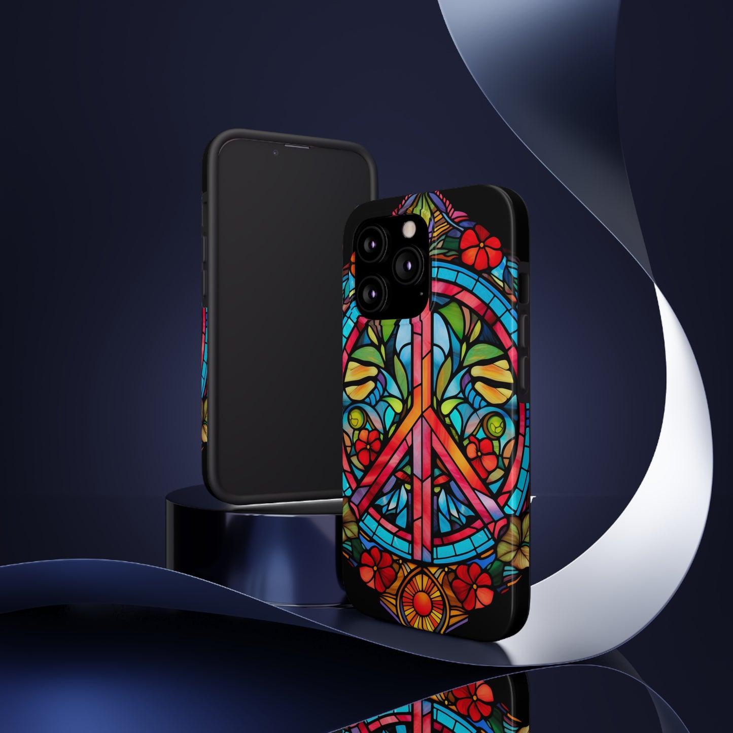 Peace Stained Glass Tough iPhone Case | Trippy Psychedelic Art Colorful Flowers Floral Aesthetic Retro iPhone 14 Plus 13 12 7 8 Se Trendy Hipp