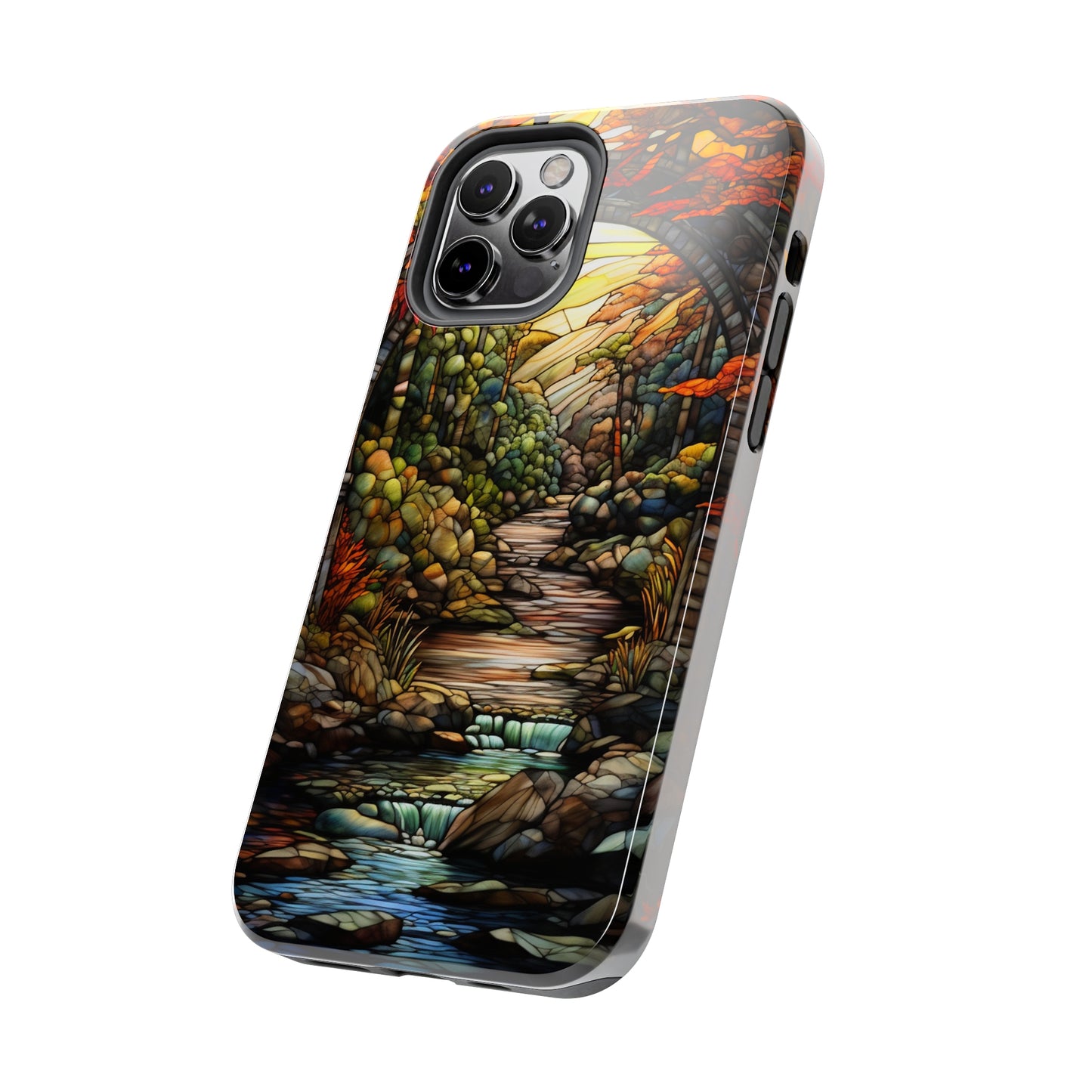 Stained Glass Stone Bridge and River: Floral Art Nouveau Phone Case | Bohemian Elegance for iPhone 14 down to iPhone 7 Models