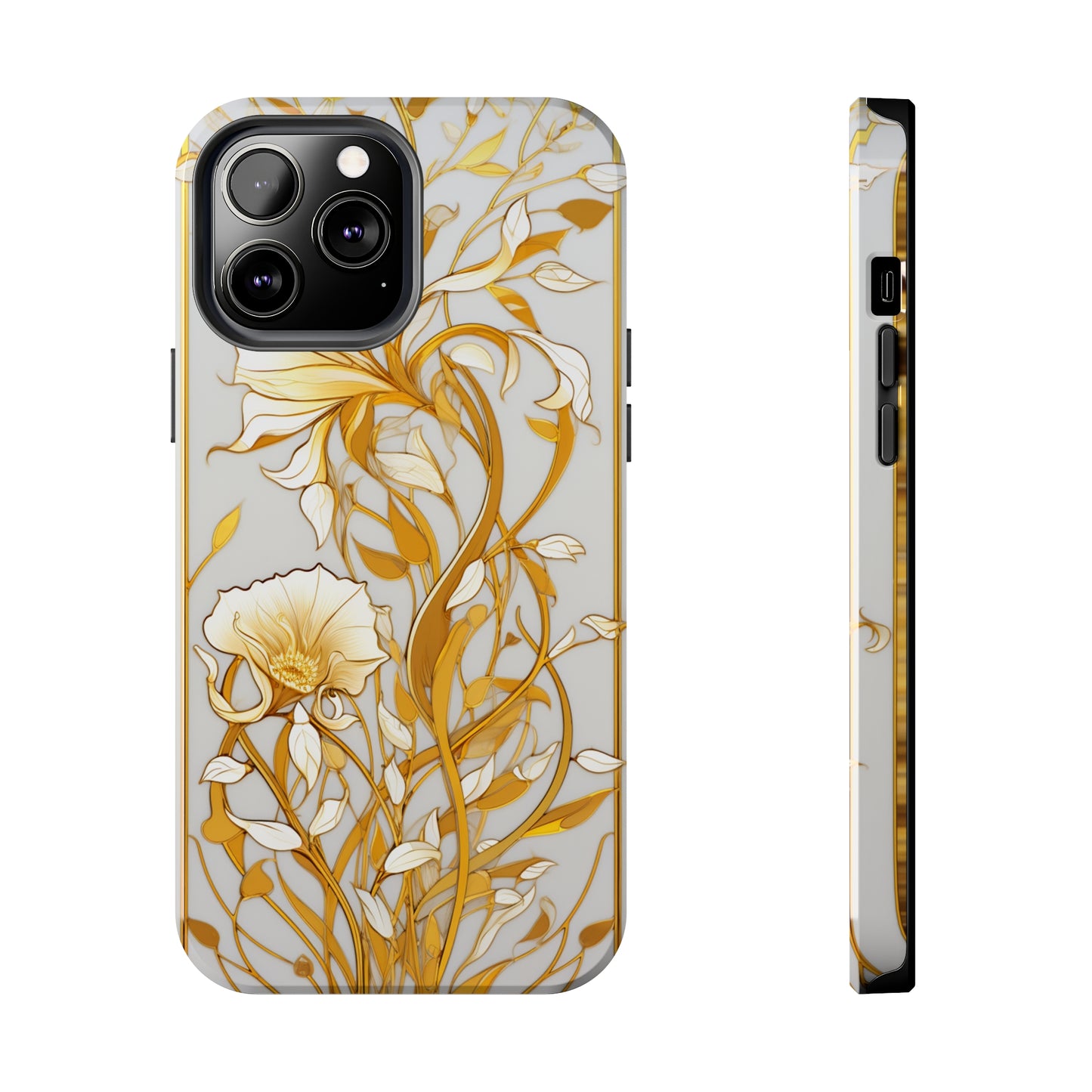 Gold floral Elegance: Art Deco Stained Glass iPhone Case | Vintage Glamour & Modern Protection for iPhone Models 11 through 14 Pro Max