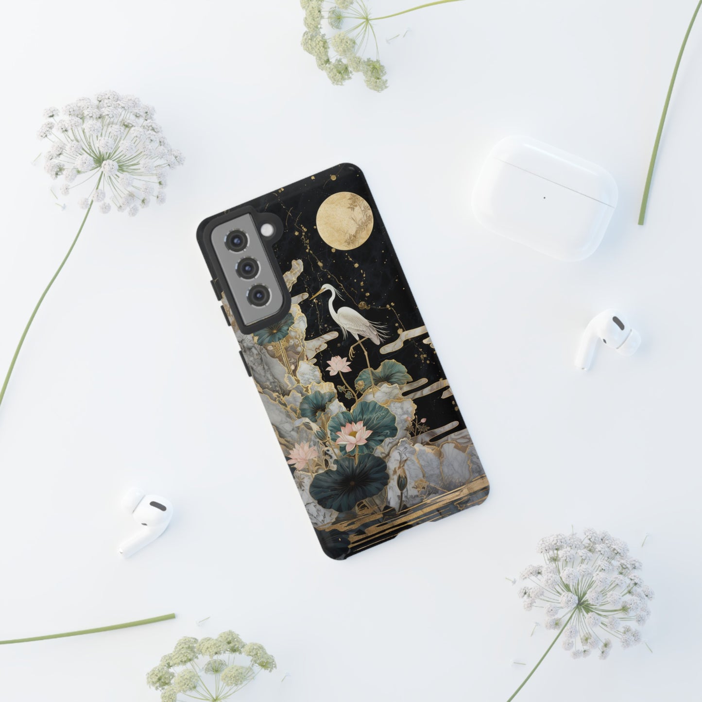 Heron and Moon Floral Zen Art Phone Case