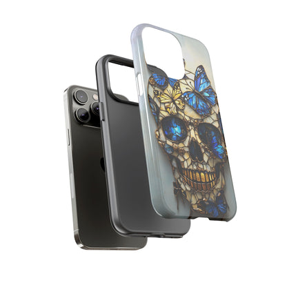 Gold and Blue Stained Glass Skull and Butterflies Phone Cover