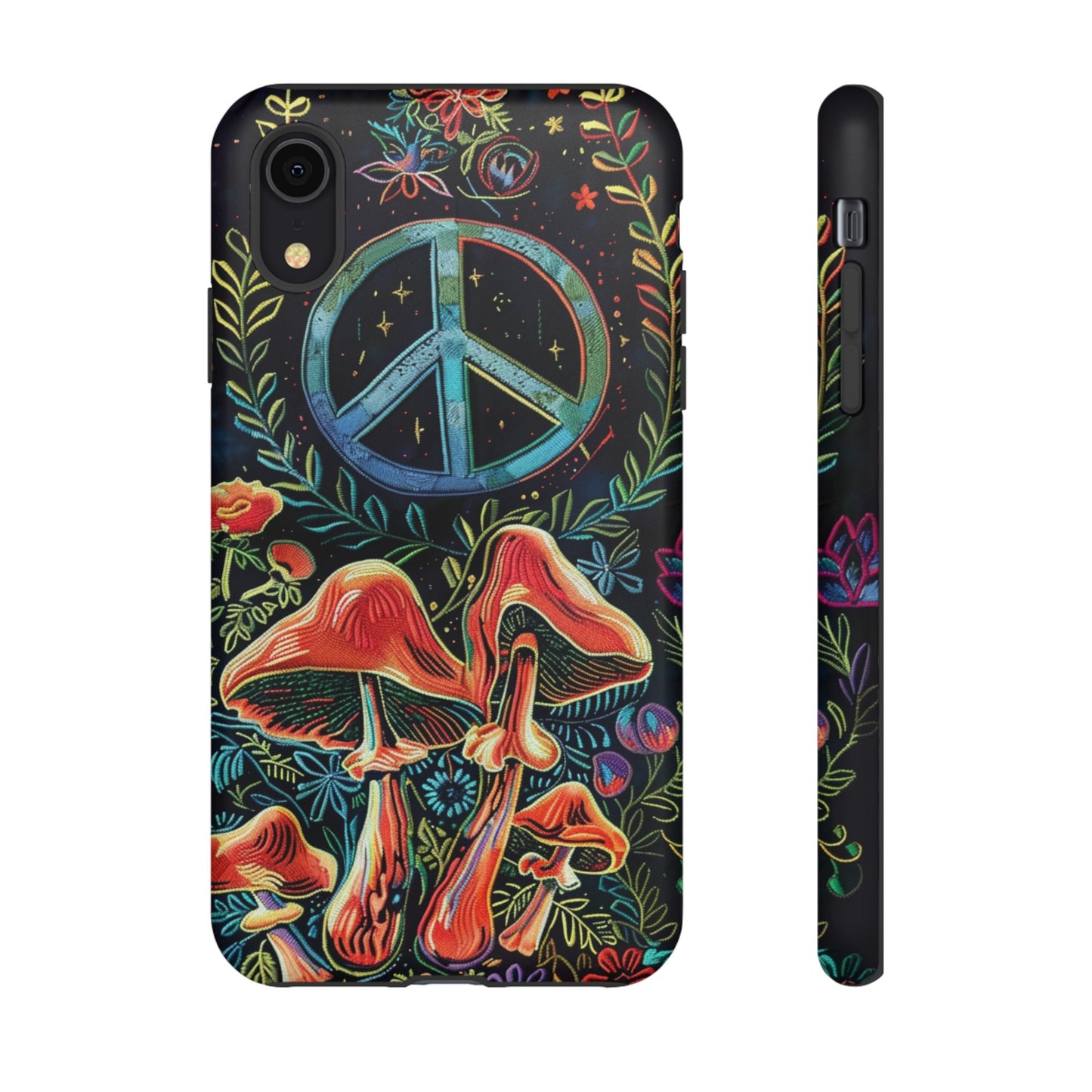 Embroidery Style Magic Mushrooms and Peace Sign Phone Case