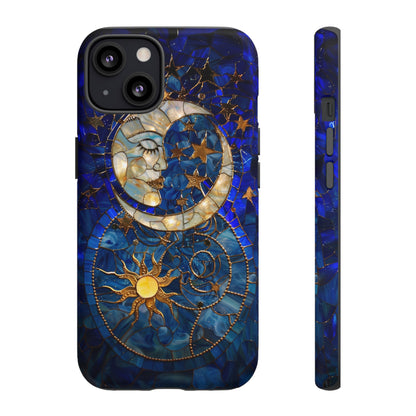 Celestial Stained Glass Moon and Stars Phone Case, Night Sky iPhone 15 Case