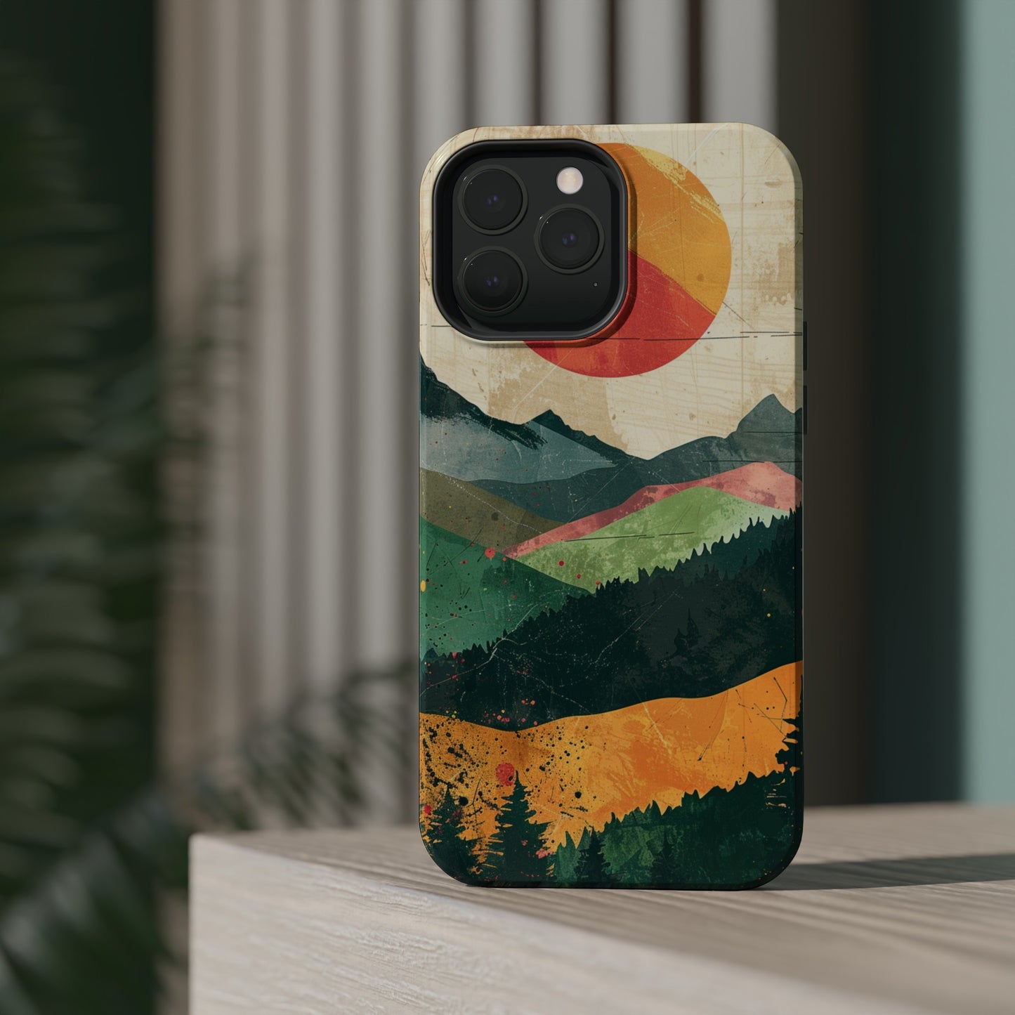 Retro Mountain Sunset Orange and Red MagSafe Phone Case, iPhone 15 Case, Tough Phone Cover, Americana Outdoor Nature Lover