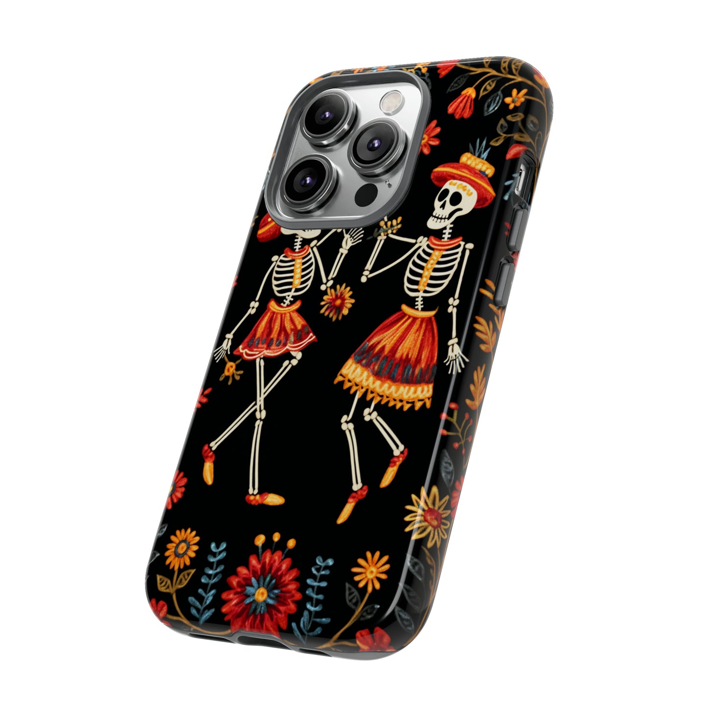 Dead Can Dance, iPhone 15 case, Floral Embroidery Skeletons | Whimsical Dance of the Departed for Google Pixel, iPhone & Samsung Galaxy