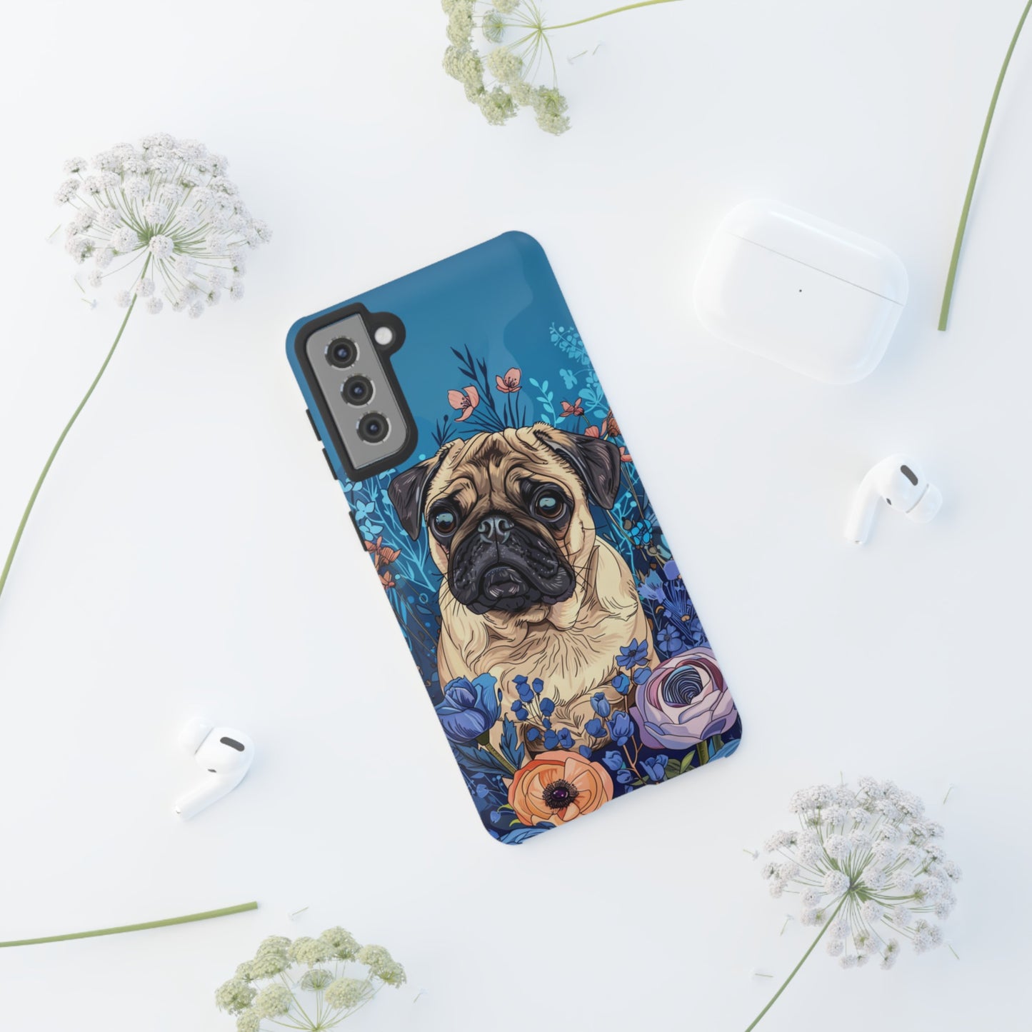 Cute Pug Dog Blue Floral Design Phone Case