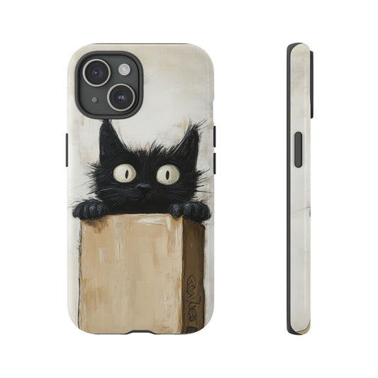 Black cat in a box unique phone case for iPhone 15