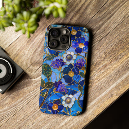 Blue Floral Stained Glass Gold Inlay Wild Flowers Phone Case