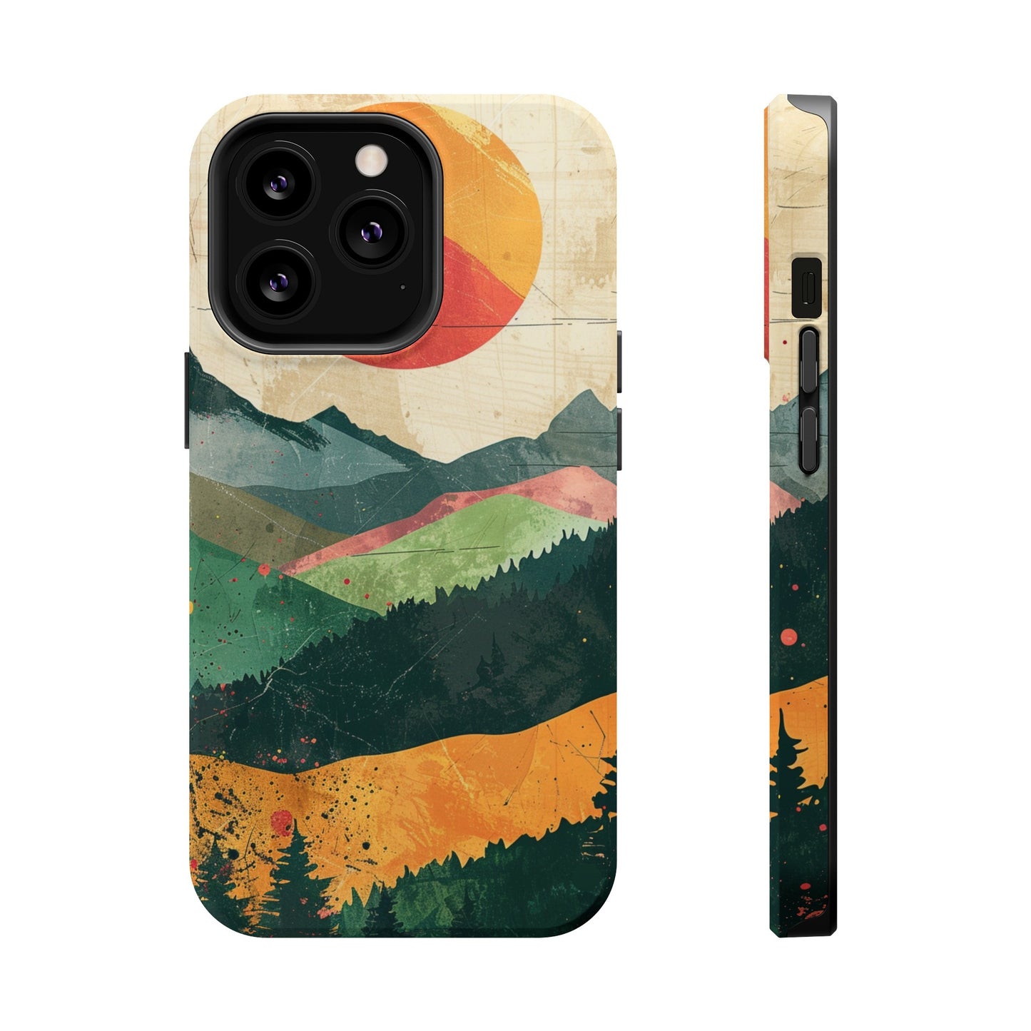 Retro Mountain Sunset Orange and Red MagSafe Phone Case, iPhone 15 Case, Tough Phone Cover, Americana Outdoor Nature Lover