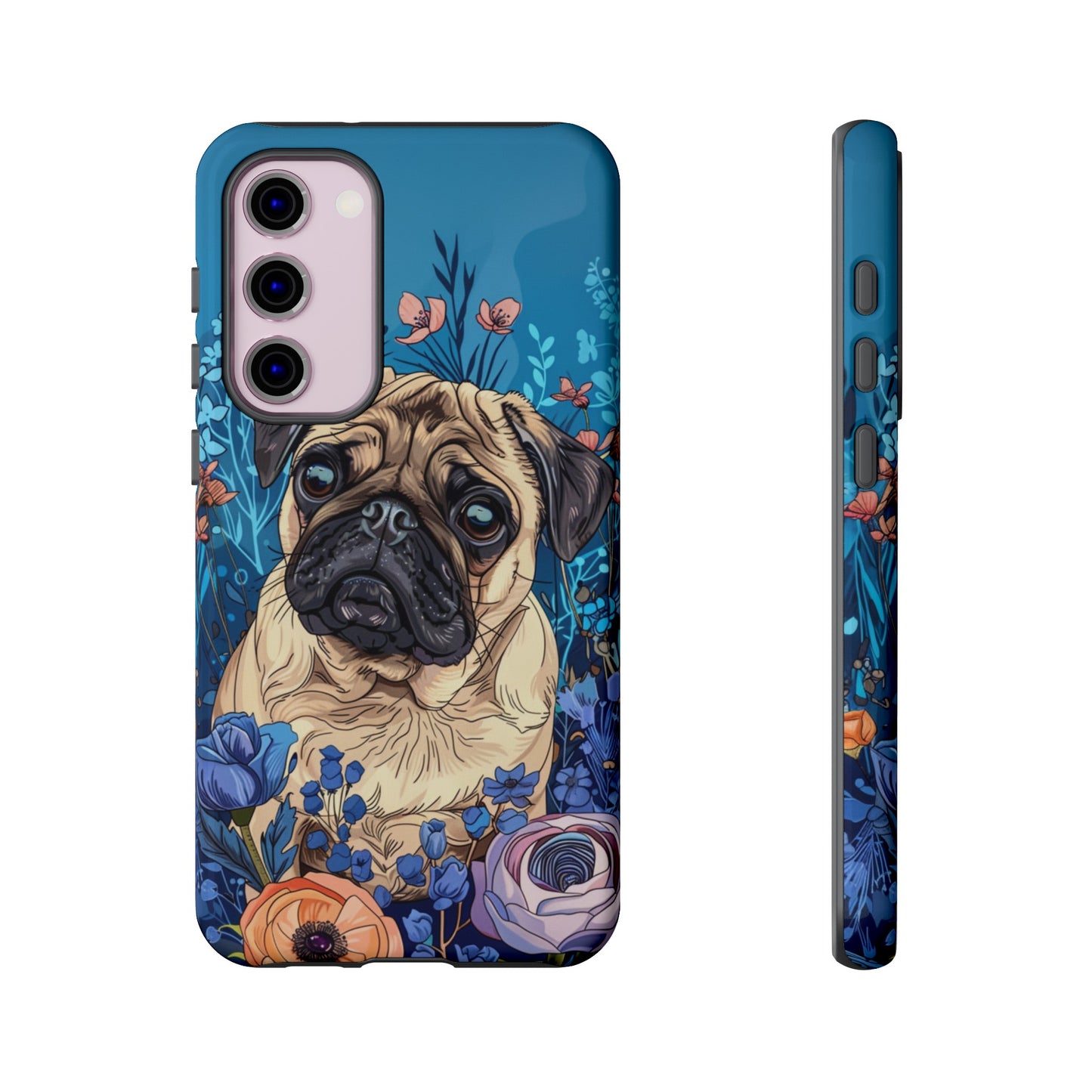 Cute Pug Dog Blue Floral Design Phone Case