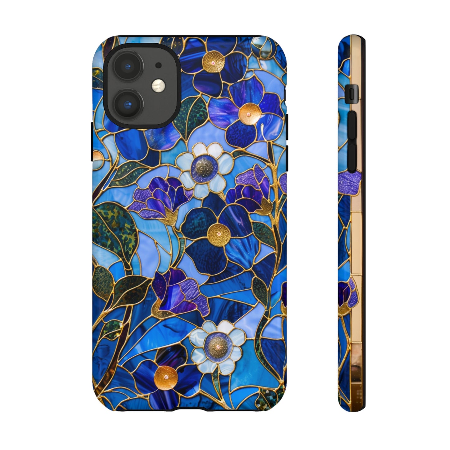 Blue Floral Stained Glass Gold Inlay Wild Flowers Phone Case