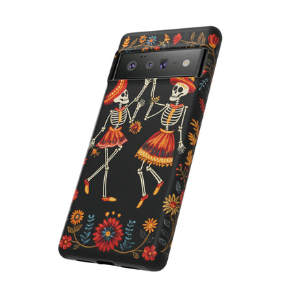 Dead Can Dance, iPhone 15 case, Floral Embroidery Skeletons | Whimsical Dance of the Departed for Google Pixel, iPhone & Samsung Galaxy