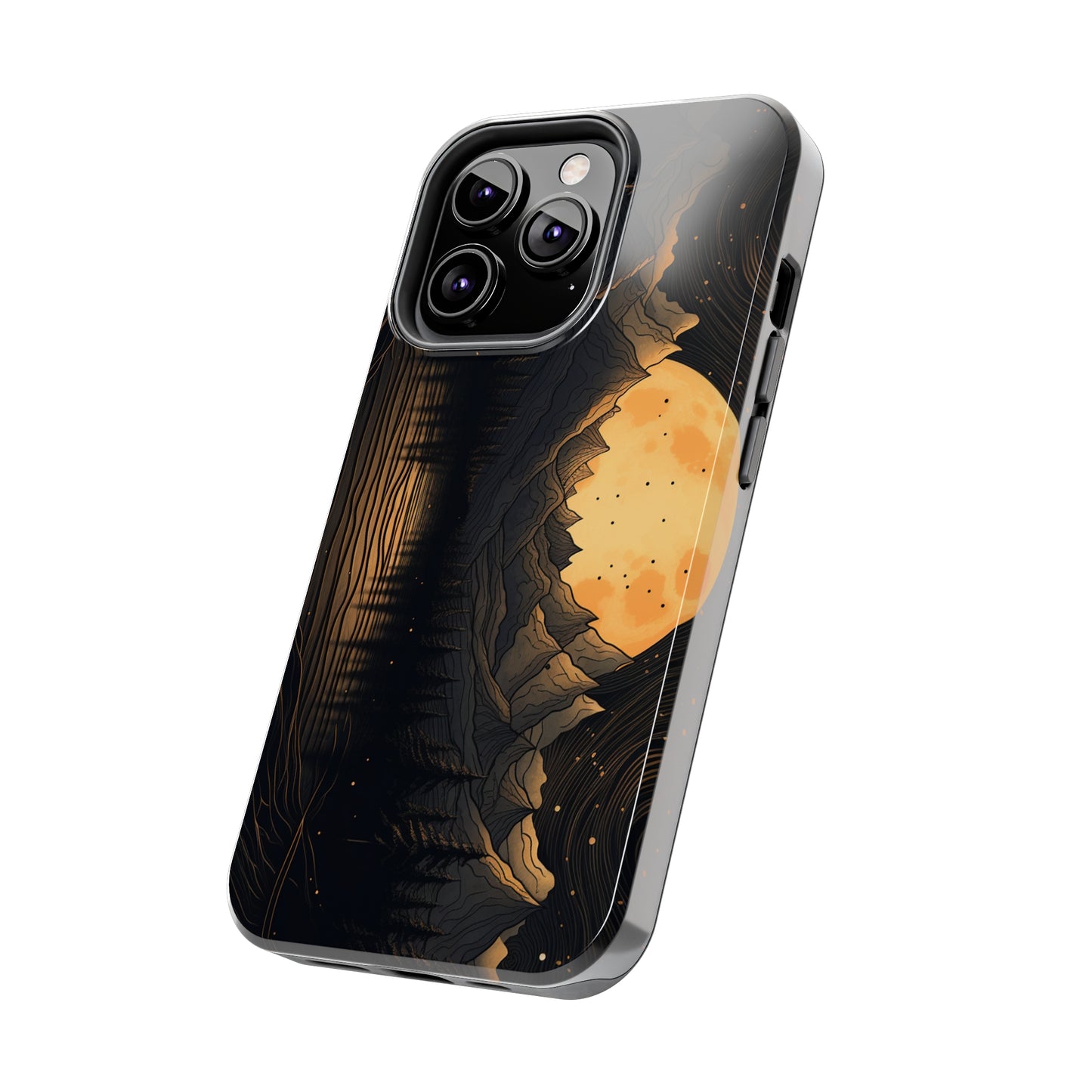 Abstract Landscape Black and Gold Mountains iPhone Case | Embrace the Mystical Full Moon