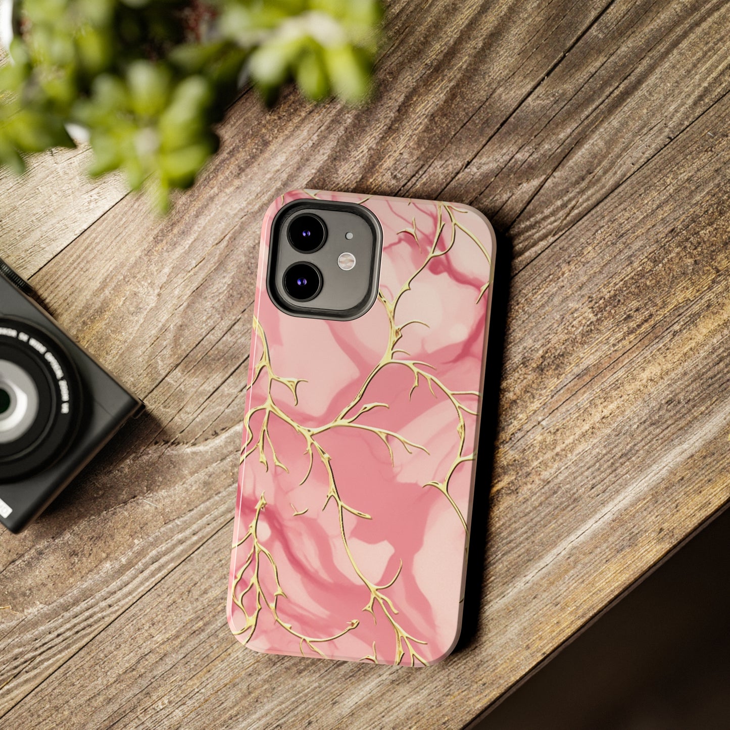 iPhone Elegance Unveiled: Pink & Gold Leaf Marble | Premium Tough iPhone Case