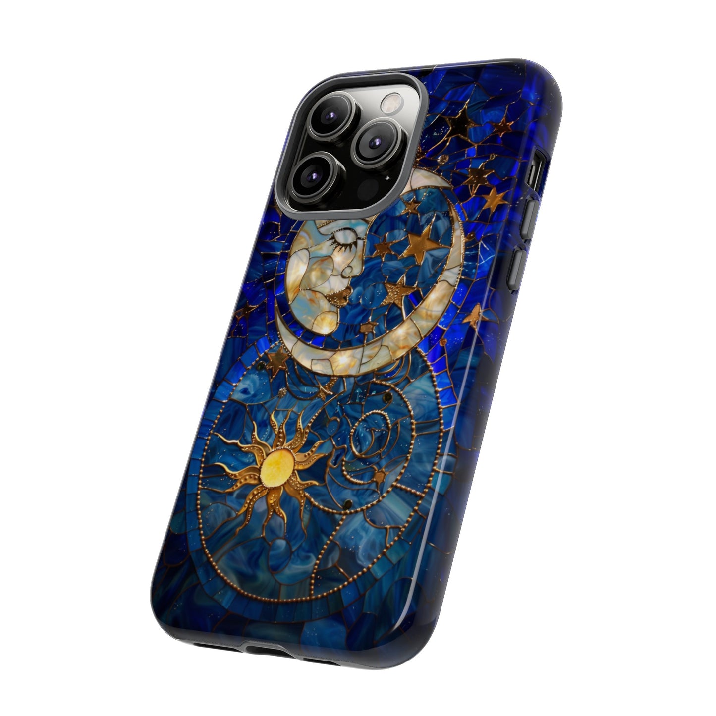 Celestial Stained Glass Moon and Stars Phone Case, Night Sky iPhone 15 Case