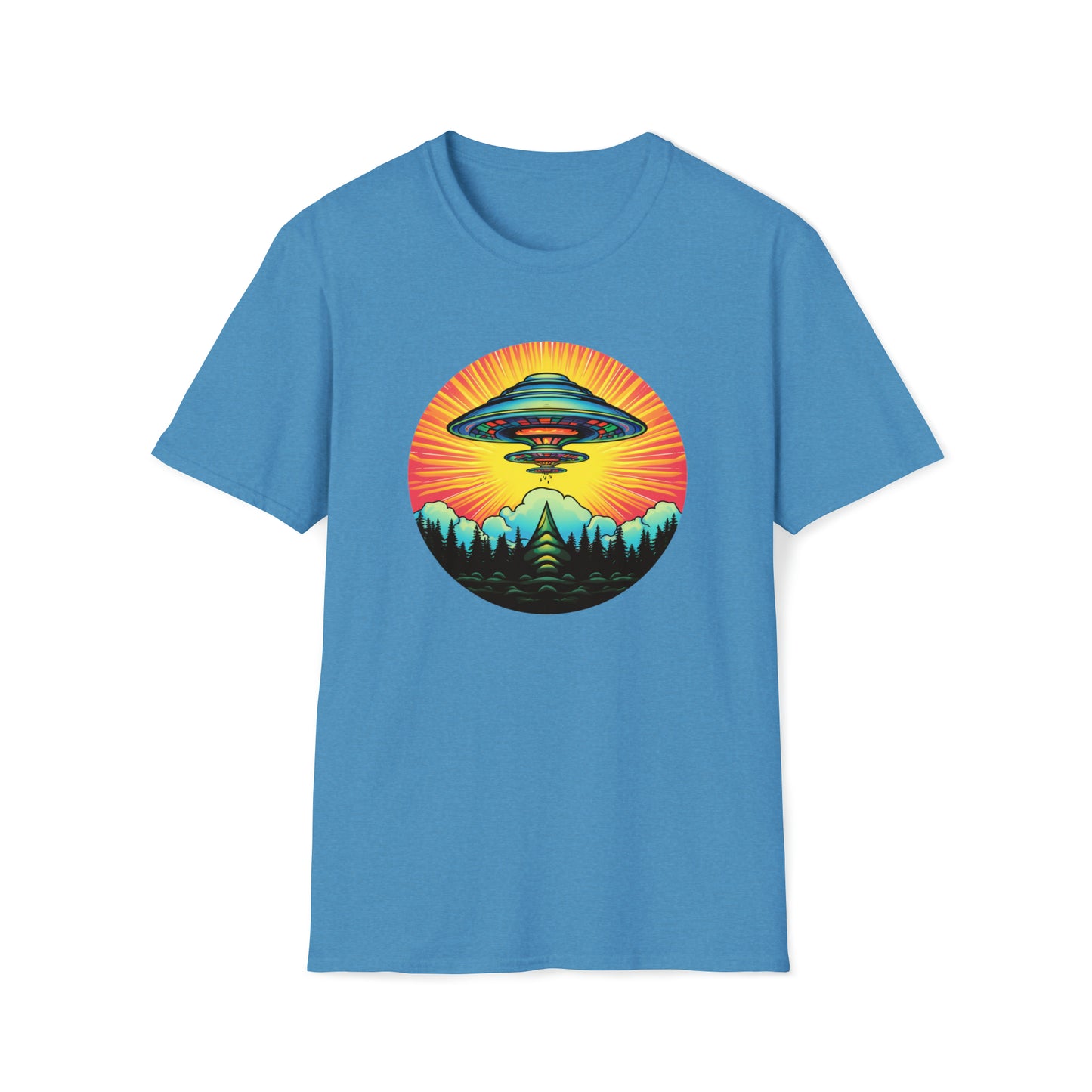 Trippy UFO Galactic Tee - Unisex Cosmic Alien Encounter T-Shirt, Vibrant Space Design