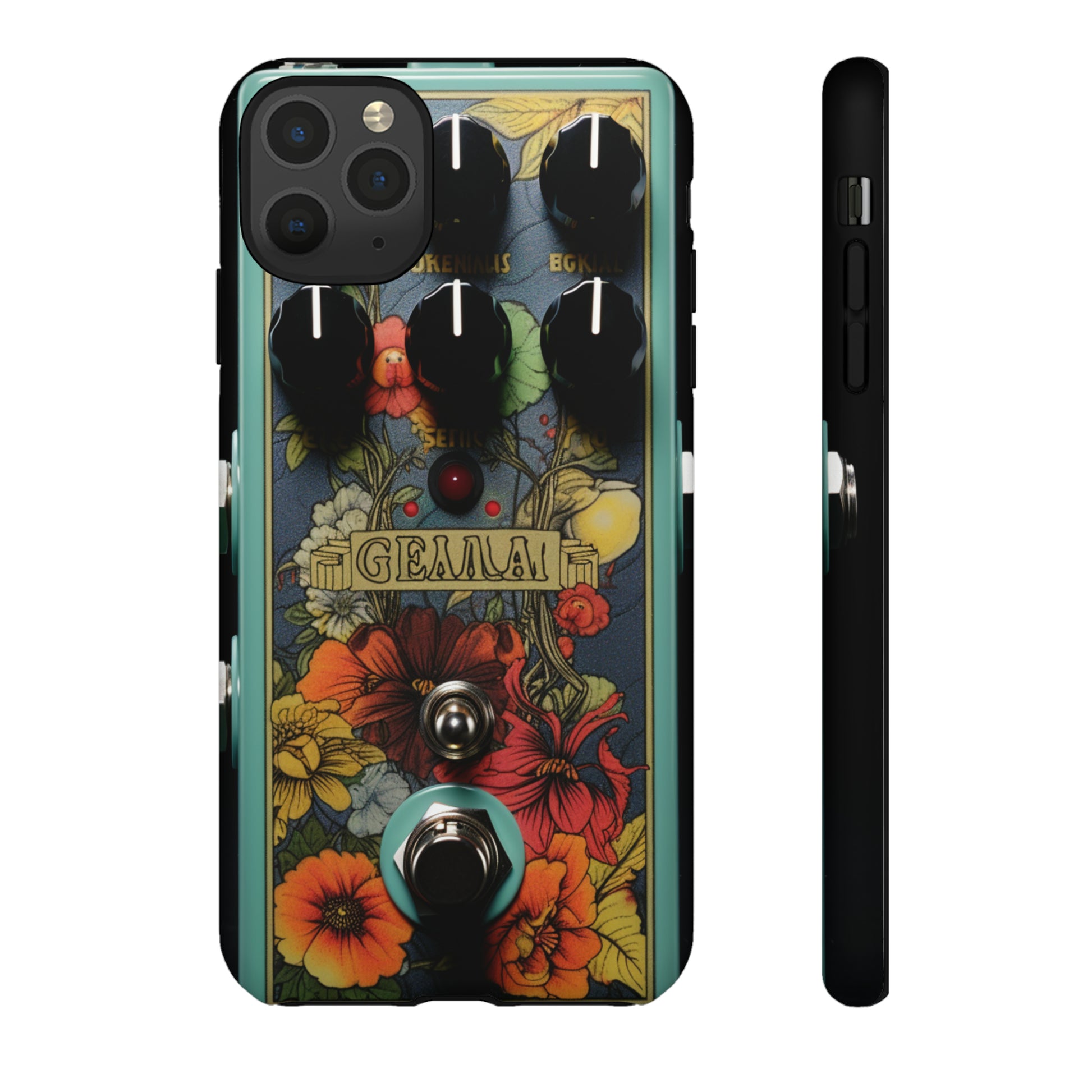 Psychedelic 1960s guitar pedal design on iPhone 15 case