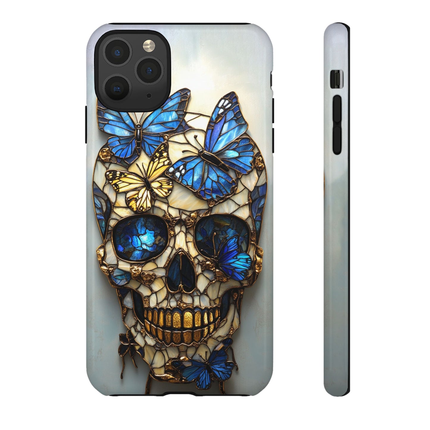 Gold and Blue Stained Glass Skull and Butterflies Phone Cover