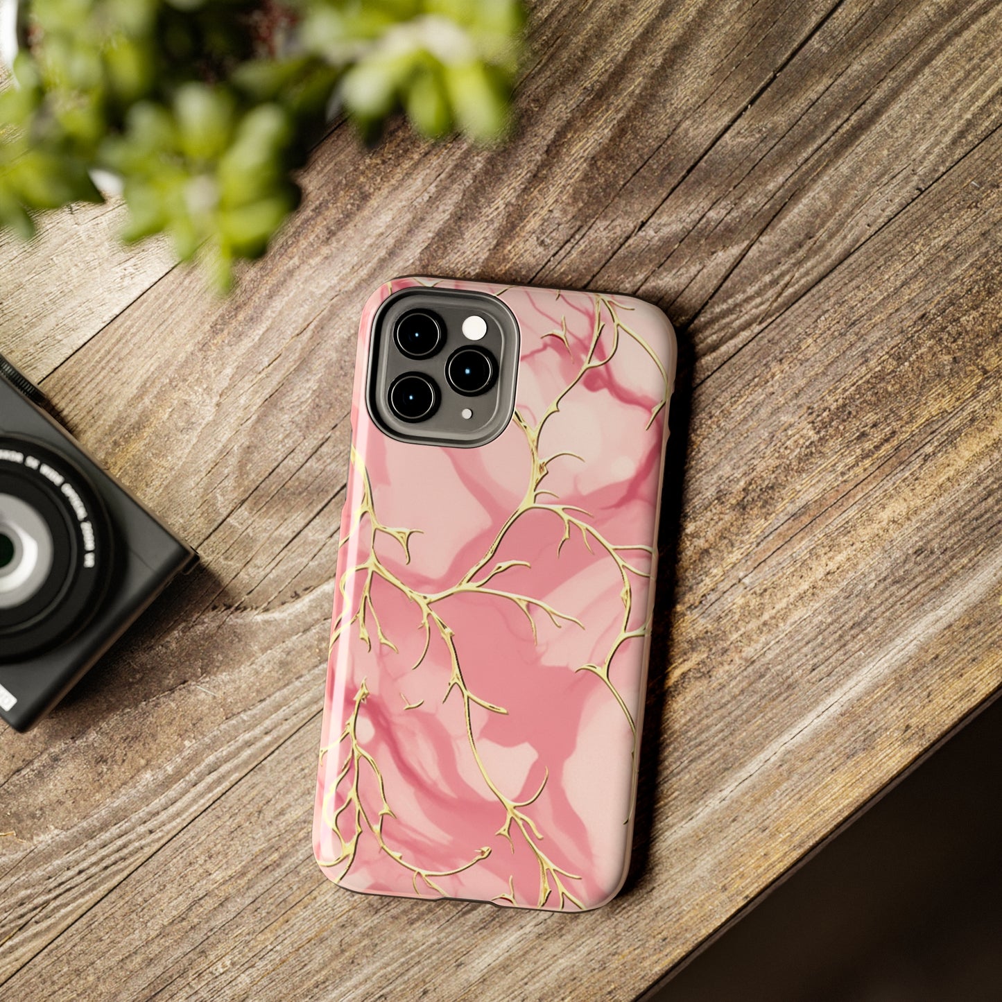 iPhone Elegance Unveiled: Pink & Gold Leaf Marble | Premium Tough iPhone Case