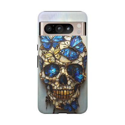 Gold and Blue Stained Glass Skull and Butterflies Phone Cover