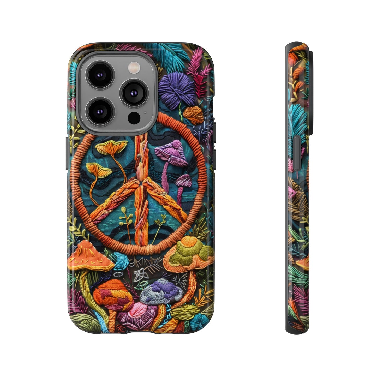 Embroidery Style Magic Mushrooms and Peace Sign Phone Case