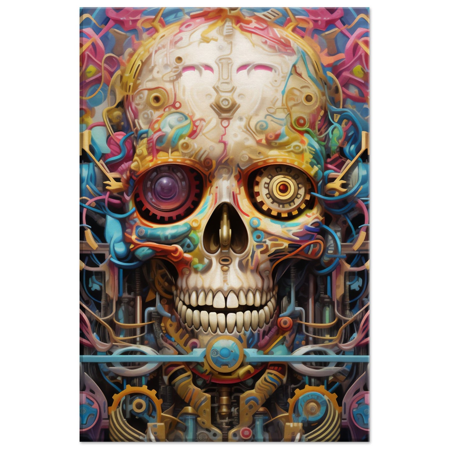 Vibrant Mechanical Skull psychedelic art canvas