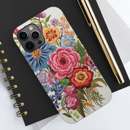 Embroidery Style Floral Aesthetic Flowers in Retro Vintage Tough Case iPhone Case