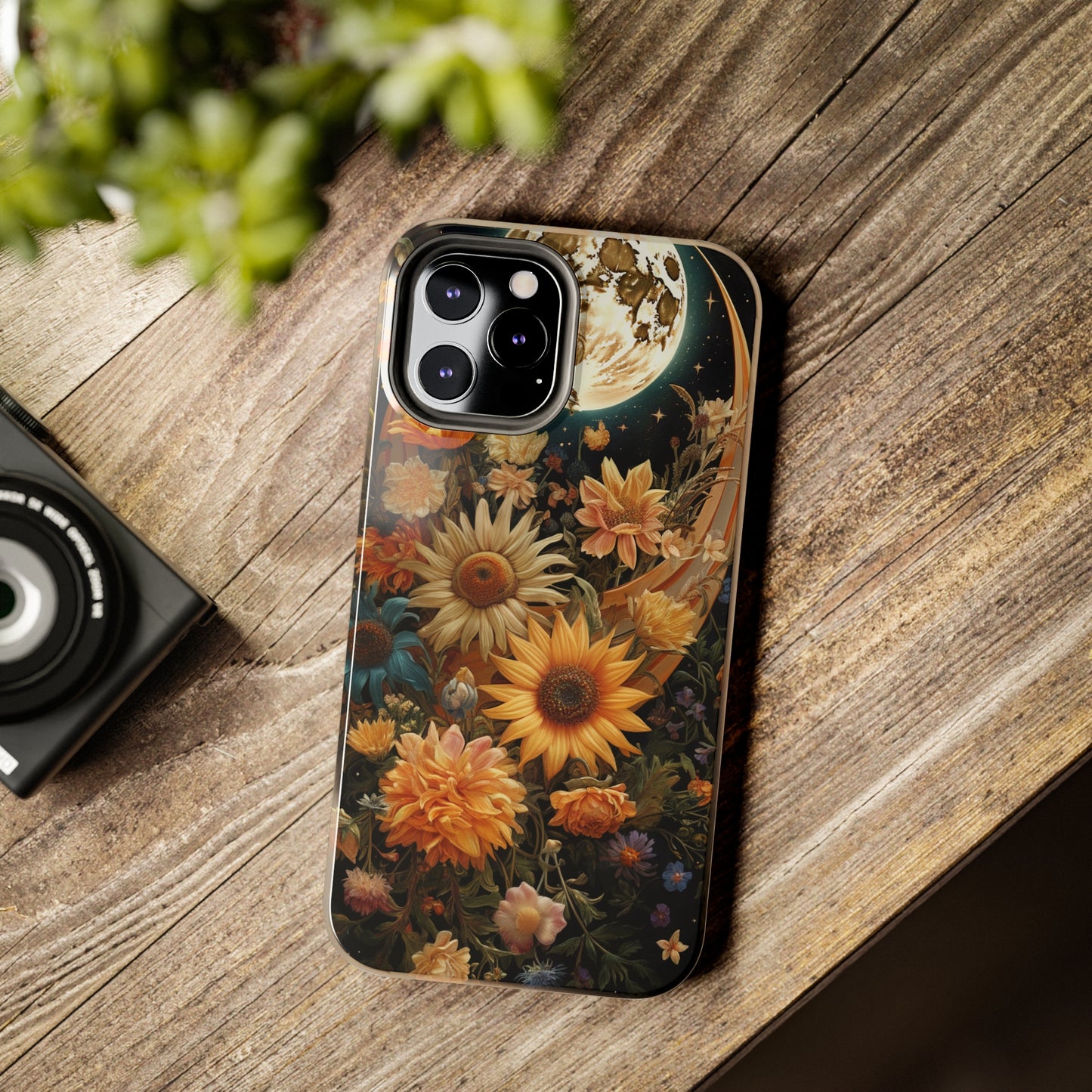 Celestial Charm: iPhone Case with Boho Cottagecore Fusion of Floral, Sun, Moon & Stars