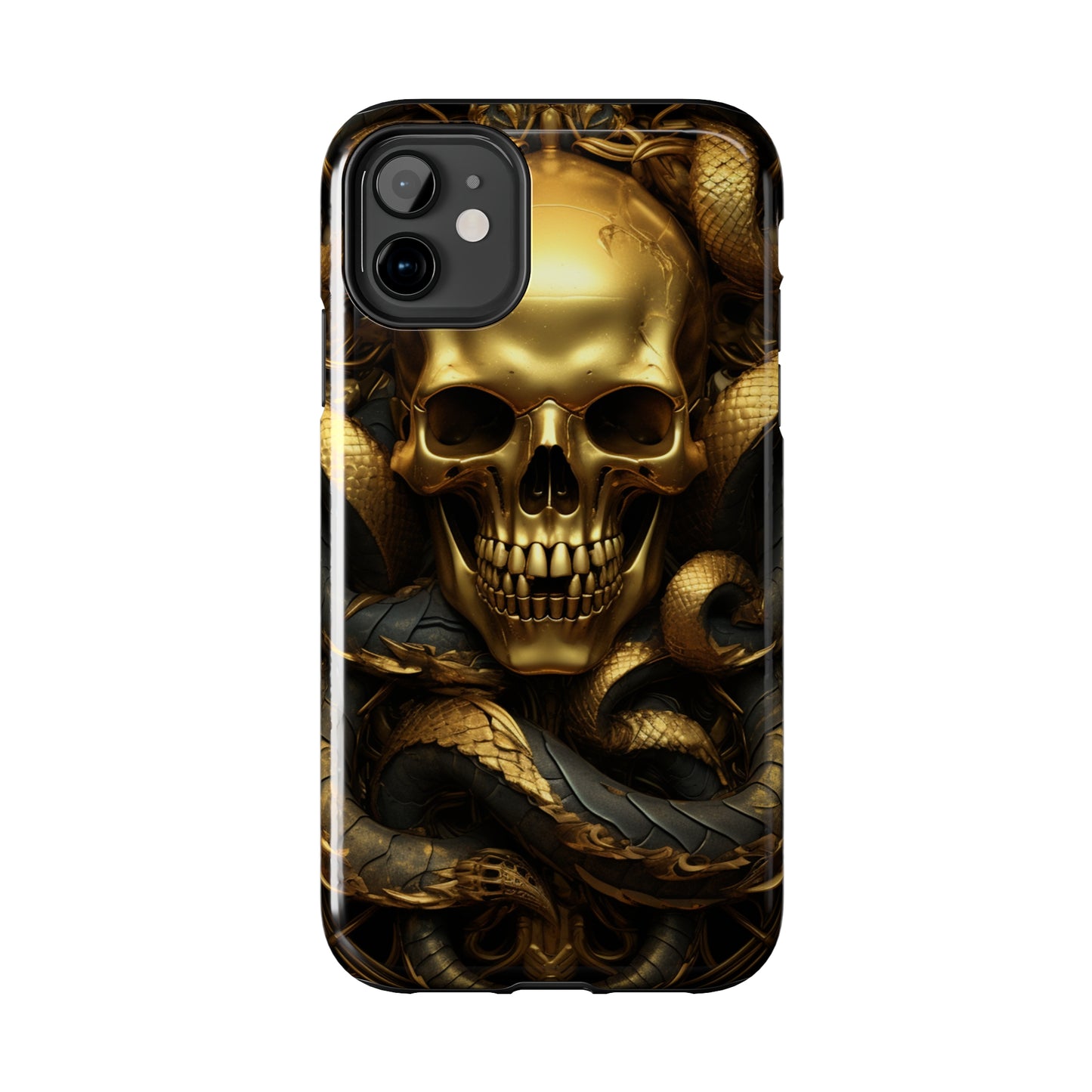 iPhone 14 Case Dark Elegance: Gold Skulls and Snakes Tough iPhone Case | An Edgy Goth Delight