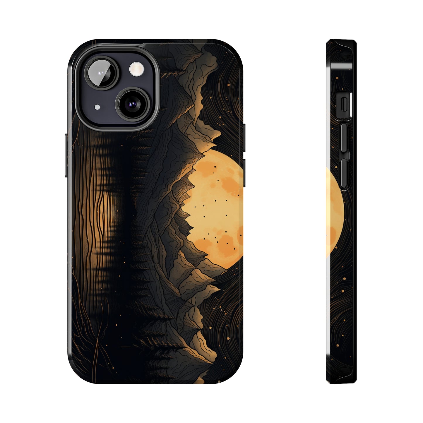 Abstract Landscape Black and Gold Mountains iPhone Case | Embrace the Mystical Full Moon