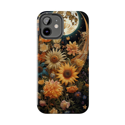 Celestial Charm: iPhone Case with Boho Cottagecore Fusion of Floral, Sun, Moon & Stars