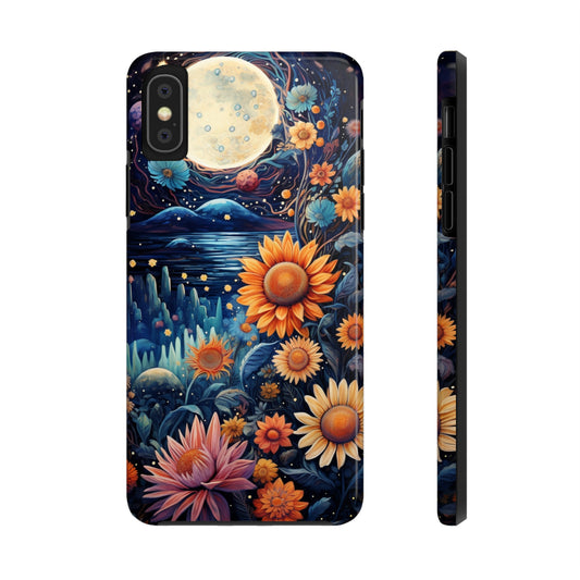 iPhone case with floral sun, moon, and stars design