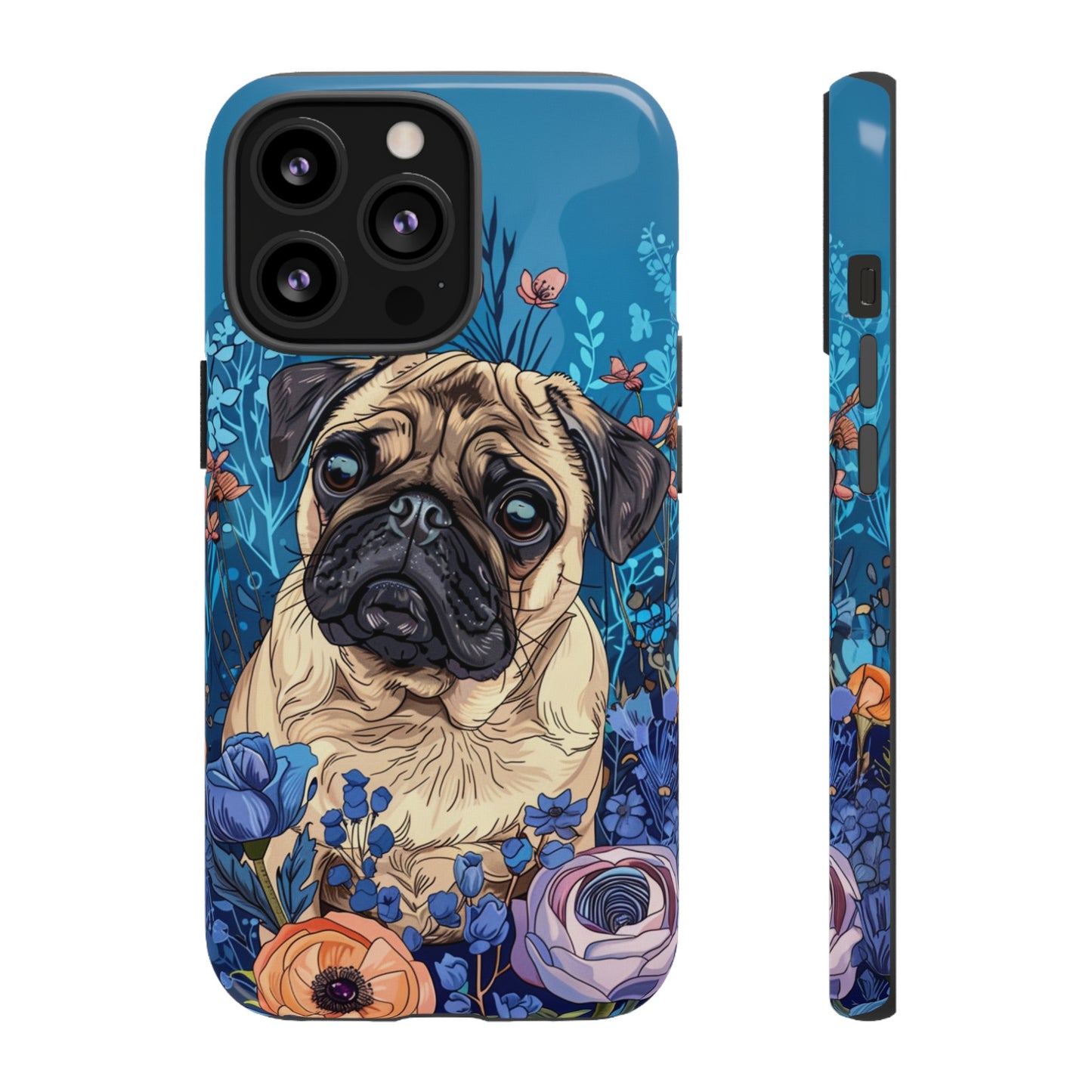 Cute Pug Dog Blue Floral Design Phone Case