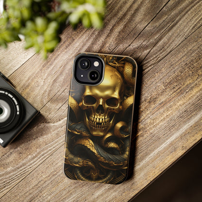 iPhone 14 Case Dark Elegance: Gold Skulls and Snakes Tough iPhone Case | An Edgy Goth Delight