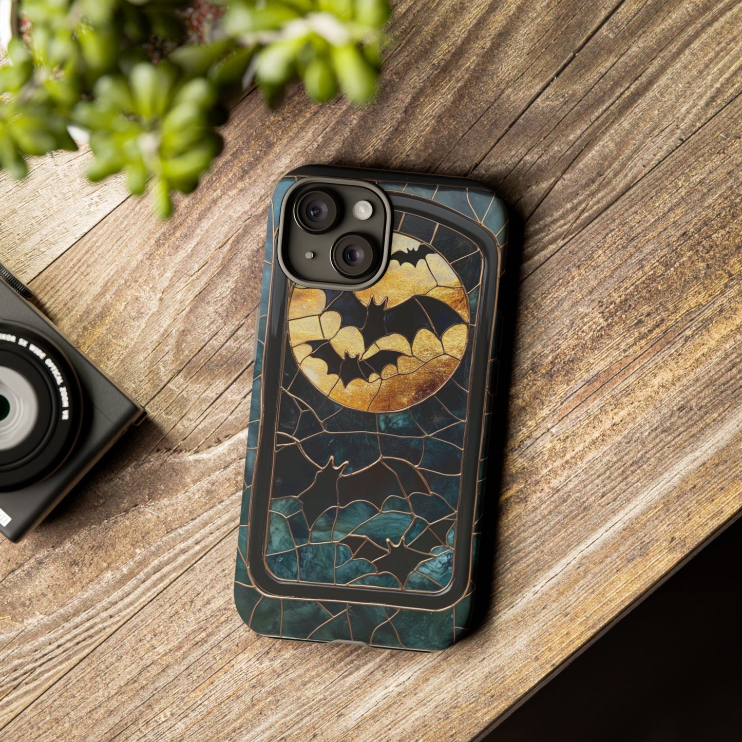 Halloween Phone Case Bats Stained Glass Style Spooky Moon Phone Cover